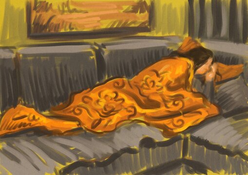 Girl Asleep on Sofa Bed