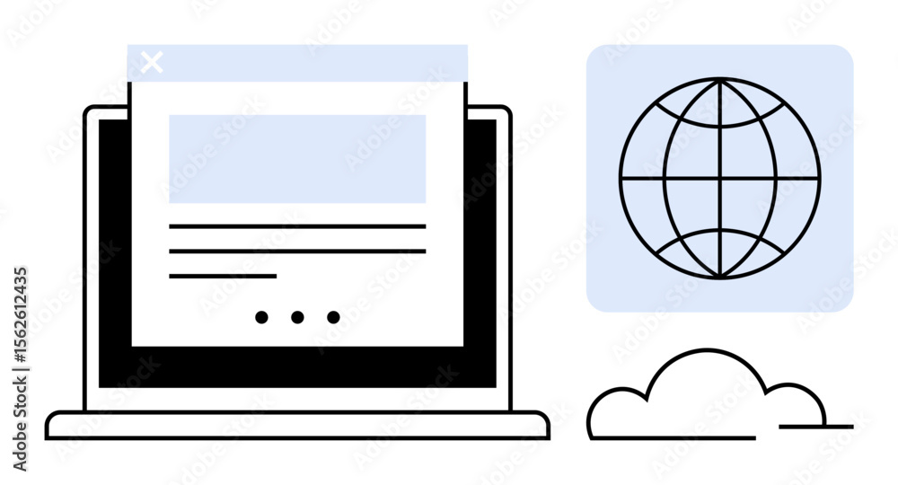 Aufkleber open laptop displaying a webpage, globe icon representing worldwide connection, and a cloud. ideal f