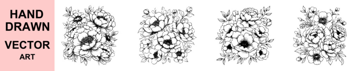 Elegant hand drawn peony flower bouquet vector illustration, vintage floral composition for wedding invitation, botanical engraving art for textile, tattoo design, and decorative packaging