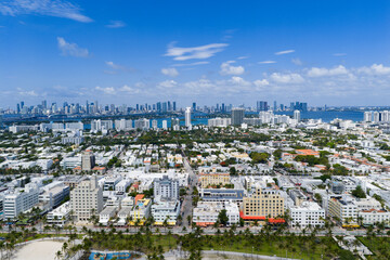 Aerial view of Miami beach coastline. Skyline and skyscrapers at Miami Beach. Summer Miamis vibes. Panoramic cityscape of Miami Beach. Famous landmarks of Miami.