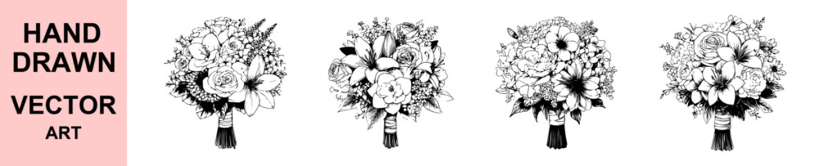 Hand drawn bridal bouquet floral vector illustration with roses and lilies, vintage engraving style botanical artwork for wedding invitations, prints, tattoos, and floral designs