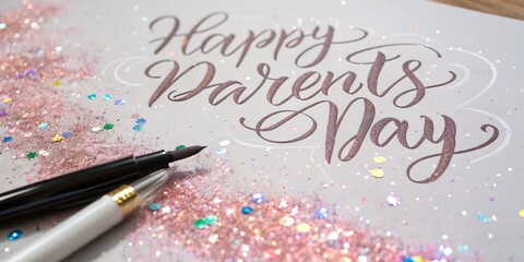 Elegant calligraphy spelling happy parents day with shimmering rose gold glitter and art supplies