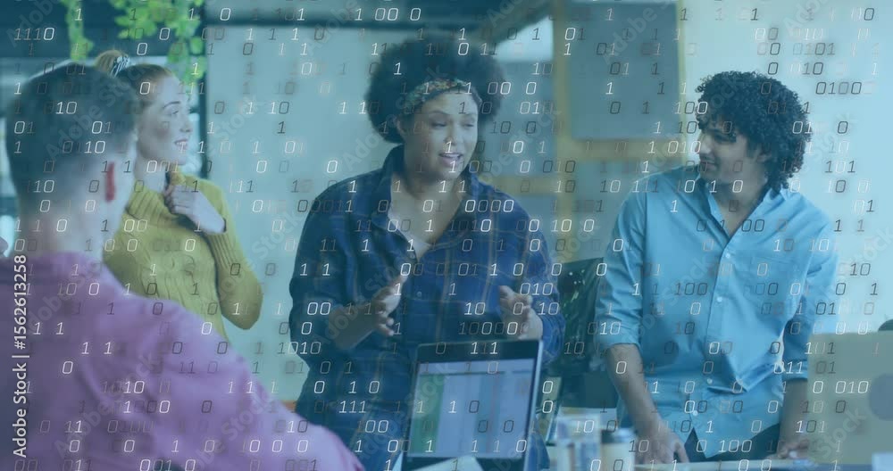Poster midway through speaker gesturing to teammates at business table with binary data increasing