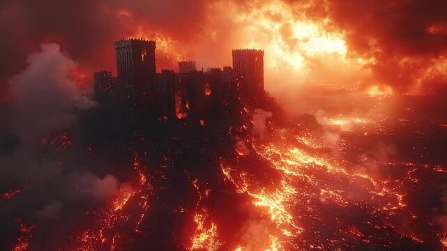 Burning castle engulfed in fiery inferno, apocalyptic scene