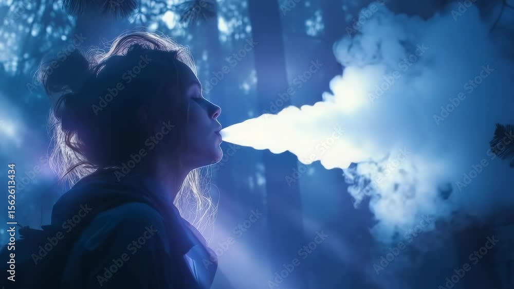 Poster a woman is captured in profile against a mystical forest backdrop, where soft light filters through 
