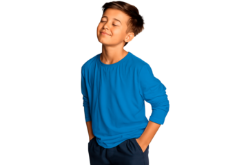 Smiling boy with eyes closed and hands in pockets looking peaceful and happy.
