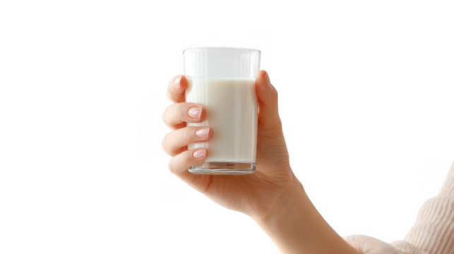 A close-up view of a hand holding a clear glass of fresh milk against a plain white background. symbolizing health. nutrition. and everyday life. suitable for food-related content or wellness themes