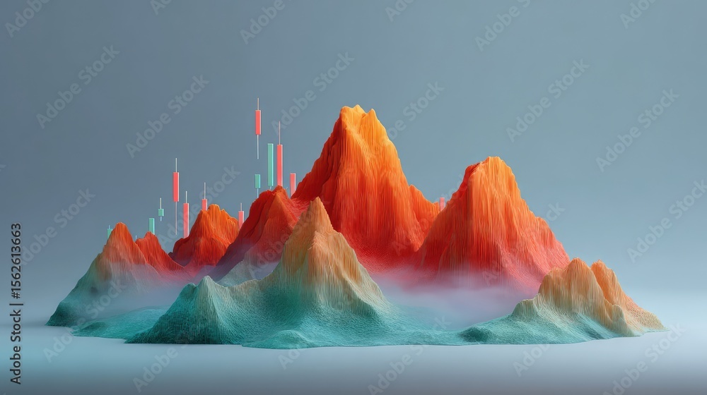 Poster d digital landscape with financial graphs and candlestick patterns in motion, clean backdrop for des