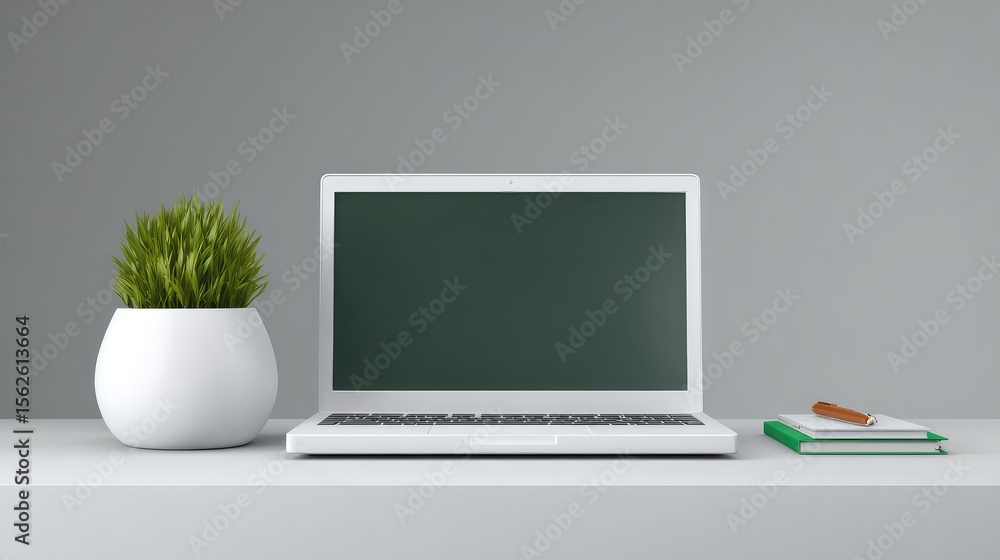 Poster d rendering of executive workspace with open laptop, pen and planner on desk, copy space around setu