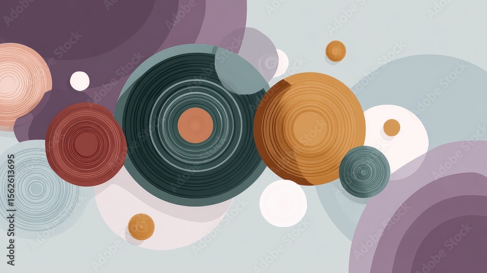 Poster abstract background with concentric circles and layered flat shapes in soft muted tones over grid de