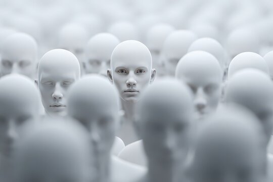 One Woman Stands Out: A Conceptual Image of a Crowd of Faceless Figures, Highlighting Individuality and Uniqueness in a Sea of Conformity. 