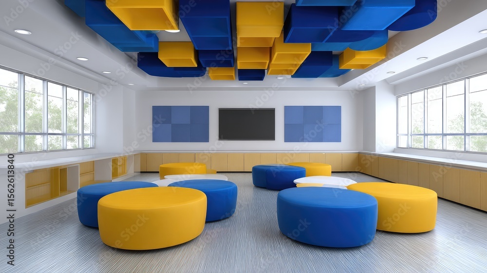 Poster artistic rendering of colorful design workspace with dynamic ceiling lights and modular lounge furni