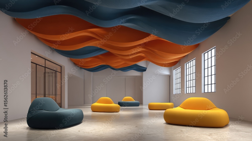 Poster artistic rendering of colorful design workspace with dynamic ceiling lights and modular lounge furni