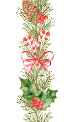 Obraz premium Watercolor Christmas vertical border with pine branches, candy canes, holly leaves, berries, cones and red bow. Hand painted festive design for cards, packaging, textile and winter projects.