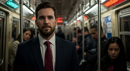A serious young man in a suit stands confidently on a crowded car, his gaze directly at the camera.