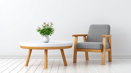 Bright and clean modern living room with central table, accent chair, and minimalist open composition