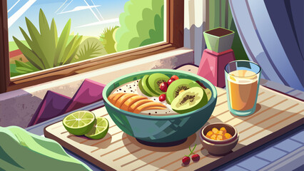 A minimalist breakfast tray near a window features smoothie bowl topped with kiwi, banana, and chia seeds, surrounded by a soft throw blanket and natural light.