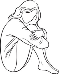  A black and white line art illustration of a person curled into a seated position, with their head hidden as they embrace their knees