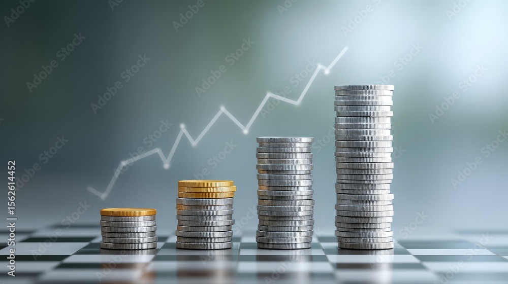 Poster business planning concept with rising stacks of coins moving from left to right across a chessboard 