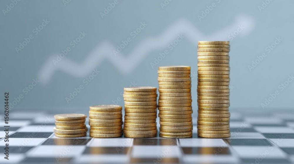 Poster business planning concept with rising stacks of coins moving from left to right across a chessboard 
