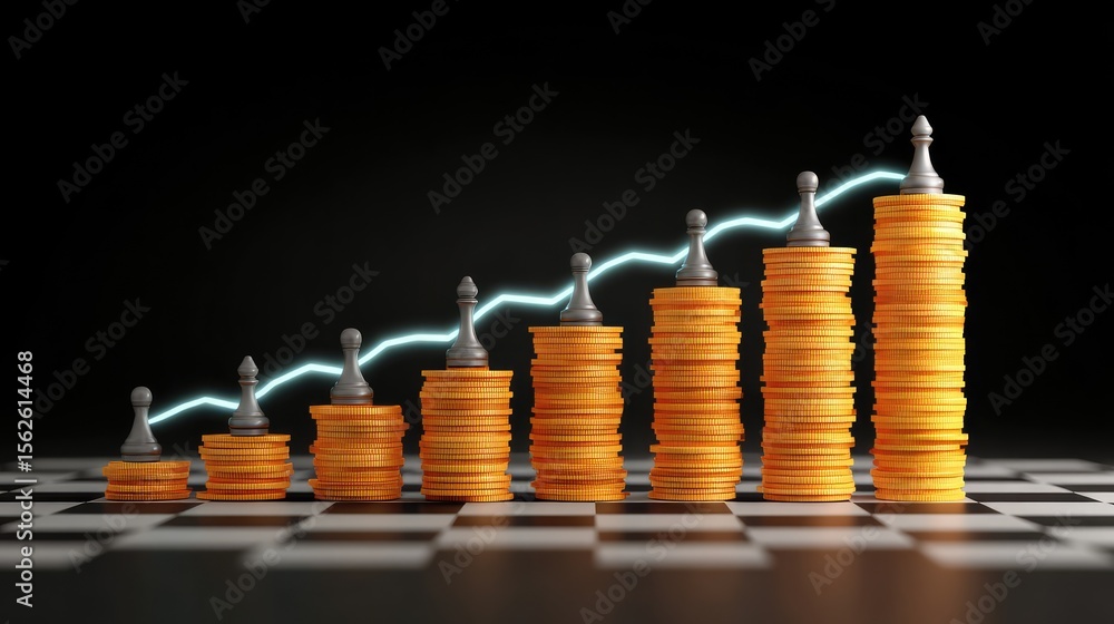 Poster business planning concept with rising stacks of coins moving from left to right across a chessboard 