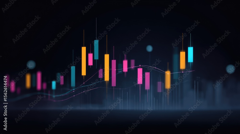 Poster business screen showing stock prices with volume, candlesticks, and technical lines in dynamic layou