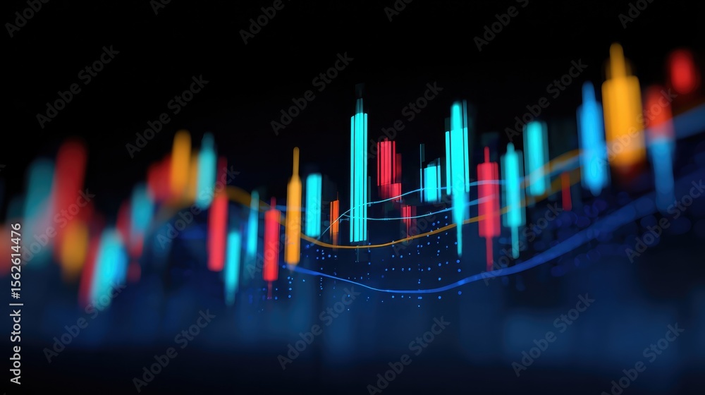 Poster business screen showing stock prices with volume, candlesticks, and technical lines in dynamic layou