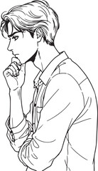 A detailed line art illustration of a man in profile, depicted with a pensive expression, his hand gently touching his chin.