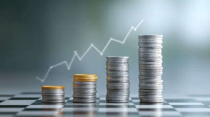 Business planning concept with rising stacks of coins moving from left to right across a chessboard and chart lines above