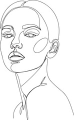 A striking and minimalist continuous line art illustration of a woman's face and upper shoulders, with her head subtly tilted