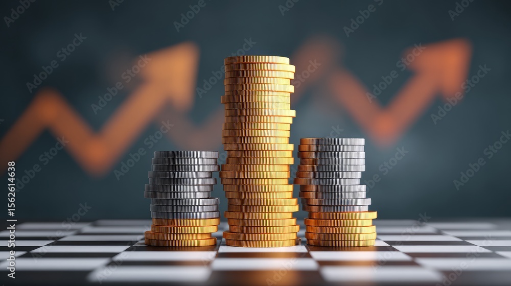 Poster chessboard filled with incremental coin stacks in a rising layout with graph arrows layered in the b