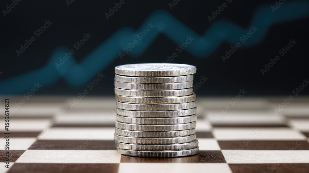 Poster close-up of stacked coins positioned on chessboard squares forming a path toward a rising financial 
