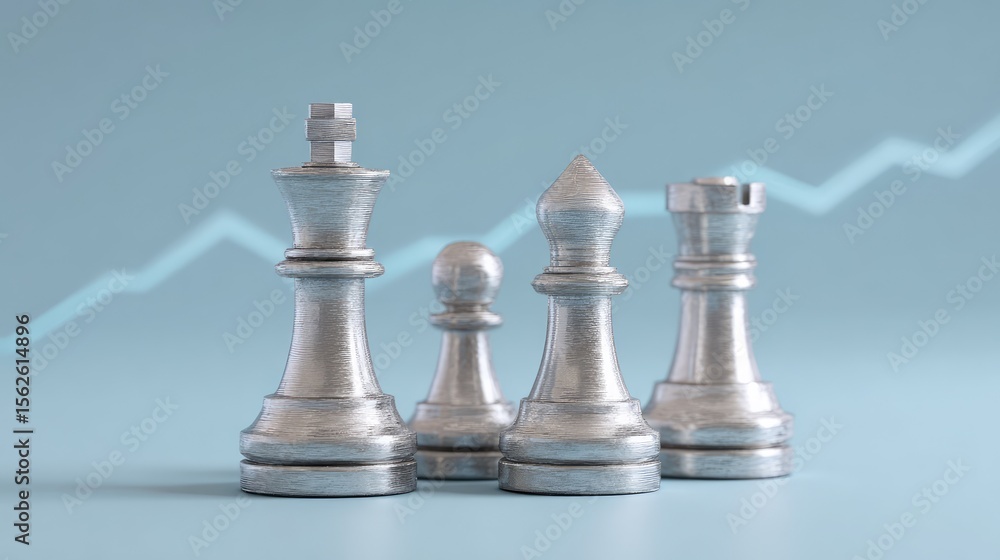Poster coins arranged like ascending chess pieces on a board with glowing chart lines in soft blue backgrou