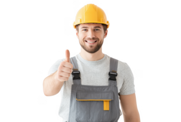 A construction worker in a yellow hard hat and overalls giving a thumbs-up gesture. showcasing positivity and confidence. set against a plain white background. ideal for motivational or safety-related