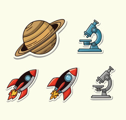 A collection of science and space-themed icons, including Saturn, rockets, and microscopes, with a cartoon-like style