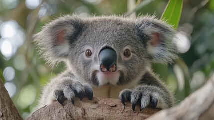 Naklejka premium Adorable Koala Peeking from a Tree in a Natural Habitat Scene