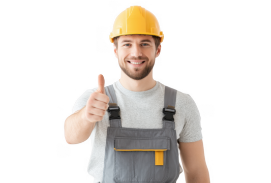 A construction worker in a yellow hard hat and overalls giving a thumbs-up gesture. showcasing positivity and confidence. set against a plain white background. ideal for motivational or safety-related