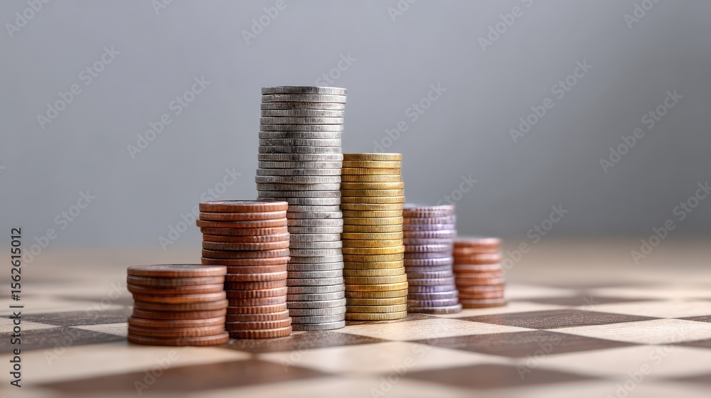 Aufkleber conceptual flat lay of coins forming ascending bars across chessboard squares, analytics chart overl
