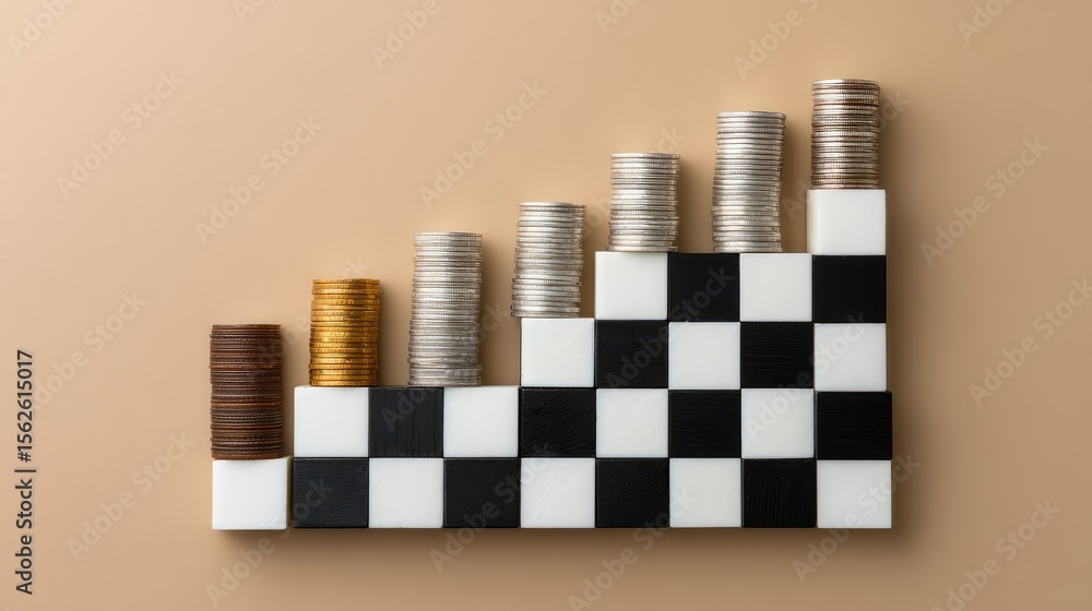 Poster conceptual flat lay of coins forming ascending bars across chessboard squares, analytics chart overl