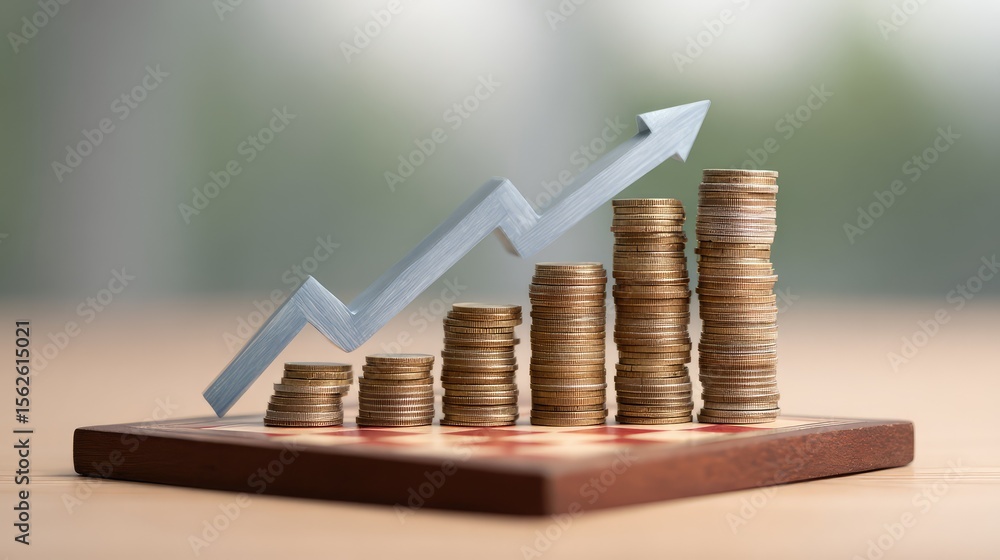 Poster conceptual image of a chessboard with money coins as pawns and a chart arrow moving upwards behind t