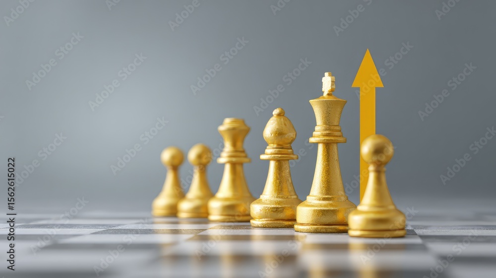 Poster conceptual image of a chessboard with money coins as pawns and a chart arrow moving upwards behind t