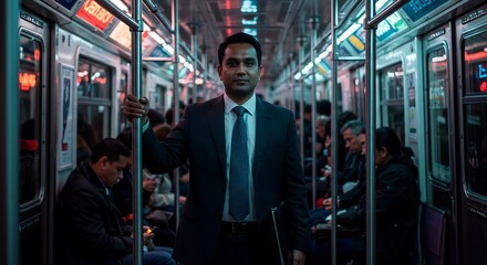 Confident businessman in suit stands on a , holding a handrail, amidst blurred commuters.