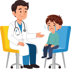 A Reassuring Pediatrician Comforting a Distraught Young Boy Holding a Teddy Bear