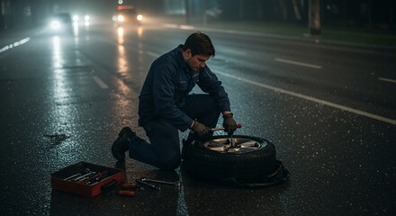 Lone mechanic diligently changes a flat tire on a rain-slicked road at night, under dim streetlights.