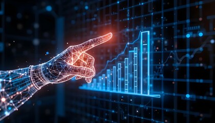 Digital transformation visualized, a futuristic hand interacts with a vibrant blue growth chart, representing data analysis and innovation.