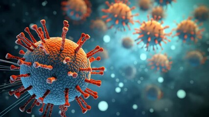 Gen-4 Turbo A 3D banner illustration depicting the COVID-19 (2019-nCoV) flu outbreak, showcasing a detailed microscopic view of floating influenza virus cells, symbolizing the global impact and scien - Powered by Adobe