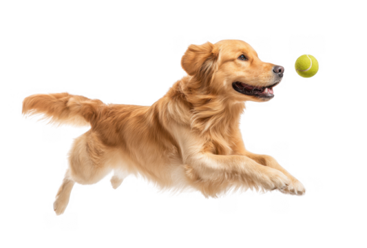 A playful golden retriever joyfully running with a bright yellow tennis ball in its mouth against a clean. neutral background. showcasing the dog's energy and enthusiasm for playtime