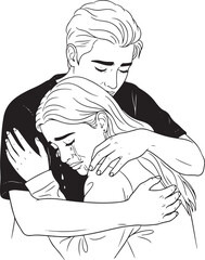 Line art illustration of a man comforting a crying woman with a hug.
