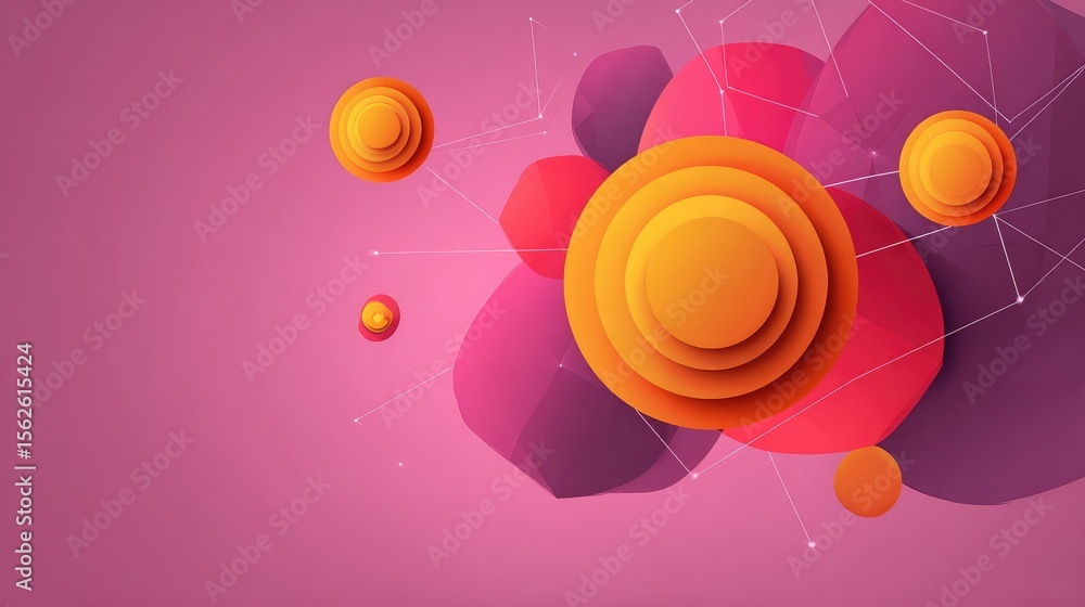 Poster flat abstract background with gently rotating circles on polygonal structure, modern simple design w