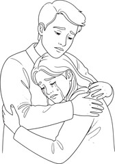  black and white line art illustration depicting one person embracing another who is crying.